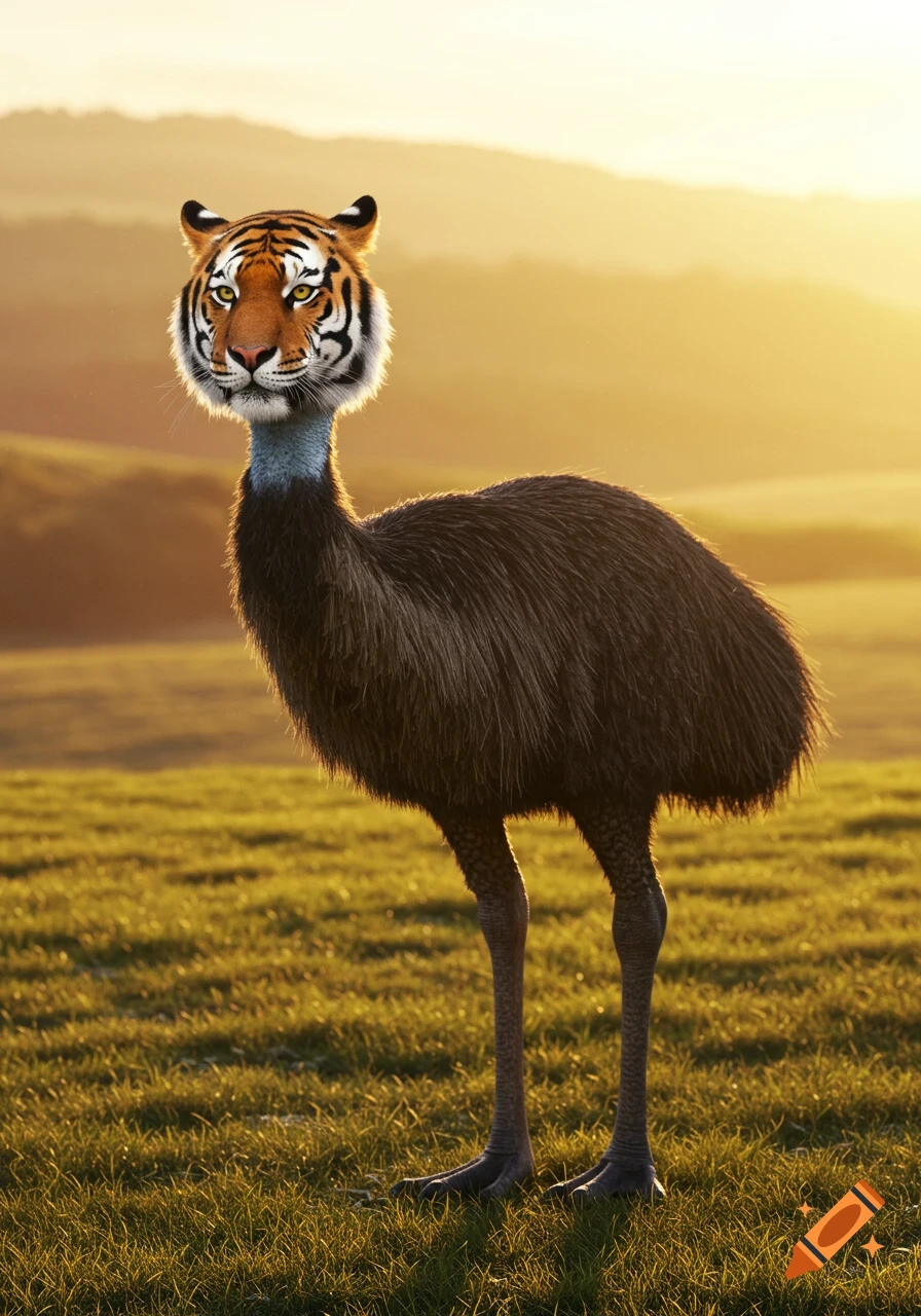 A photorealistic image of a hybrid creature with a tiger's head and an emu's body, standing in a sunny, grassy field with a mountainous background at sunset.