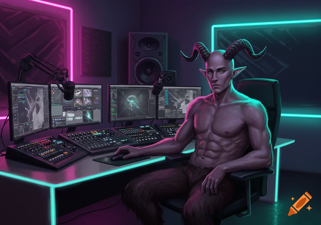 A bald, muscular satyr with horns and fur-covered legs sits at a neon-lit desk with multiple computer monitors.