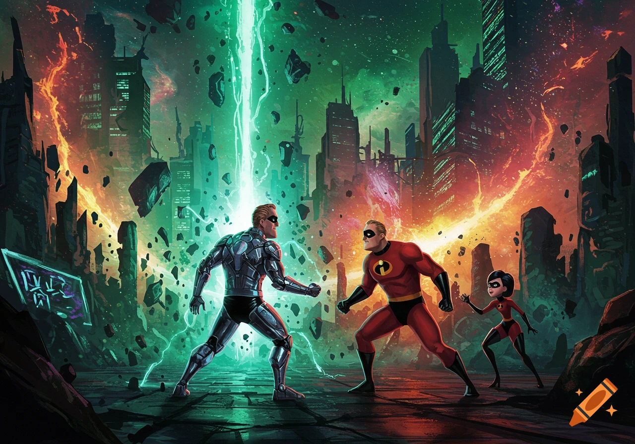 Mr. Incredible and a metallic superhero face off in a destroyed city, illuminated by green and orange energy, with Violet Parr watching.