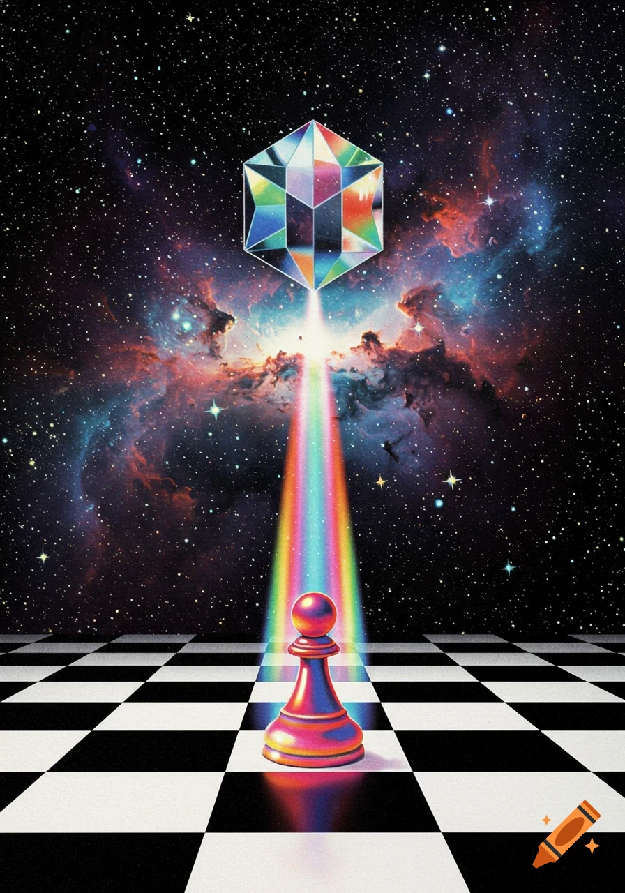 Surreal psychedelic cosmic art of a prism over a chessboard, splitting rainbow light onto a pawn, with nebula and stars.