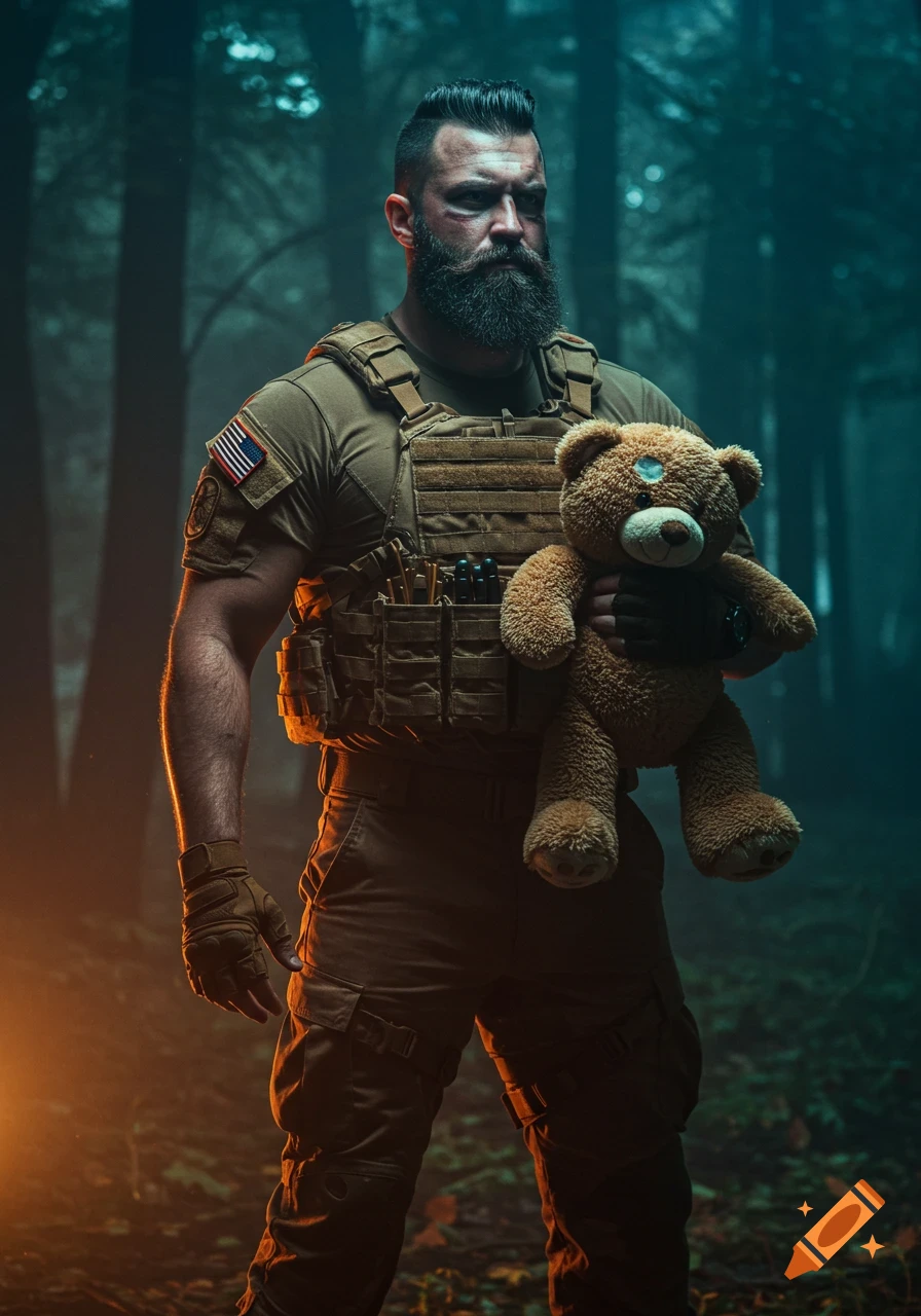 Photorealistic image of a bearded commando in tactical gear holding a teddy bear in a dark, atmospheric forest.