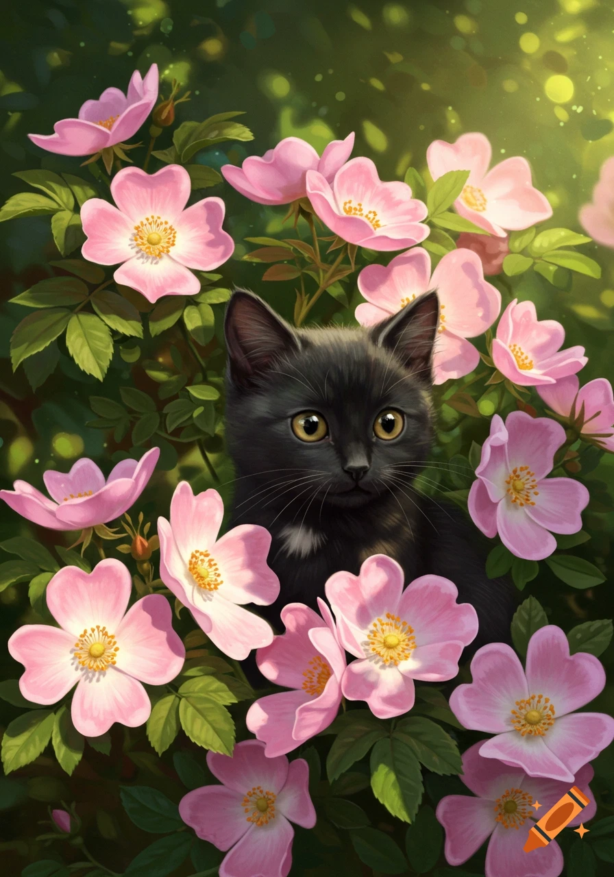A cute black cat with golden eyes peeks out from a bush of vibrant pink dog roses and green leaves.