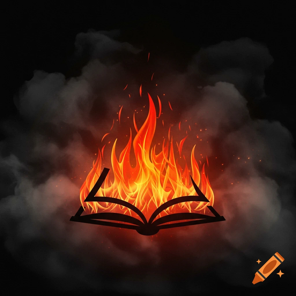 A stylized open book silhouette engulfed in vibrant orange and yellow flames, with dark smoke billowing around it on a black background.