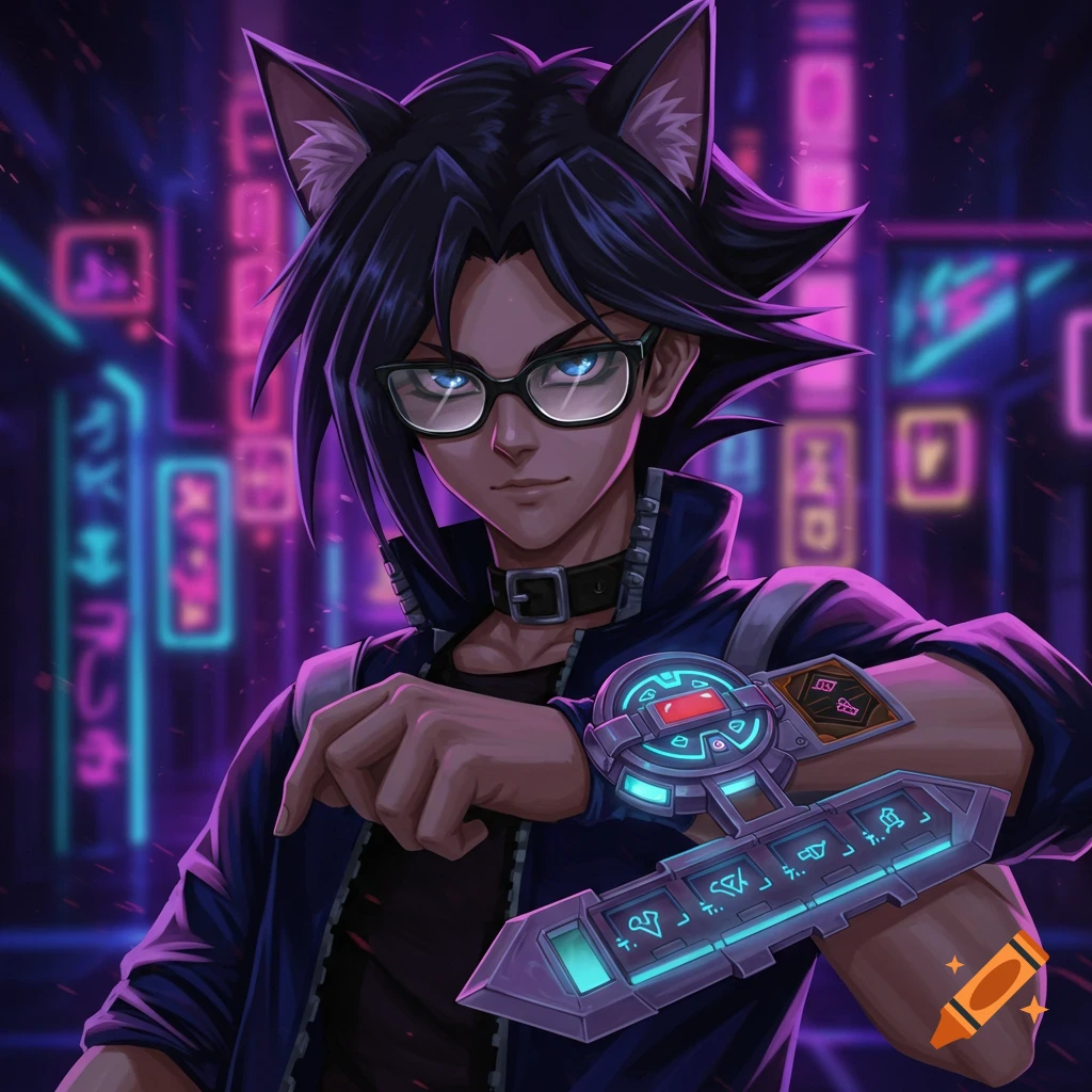 Anime character with black hair, cat ears, and glasses, wearing a glowing Yu-Gi-Oh duel disk in a neon-lit city.