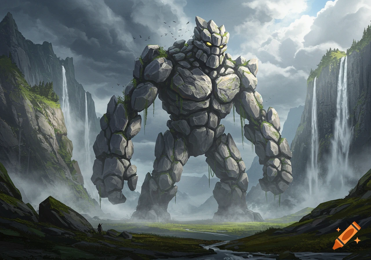 A colossal rock monster with glowing eyes dominates a lush valley with waterfalls and tall cliffs, a small figure below for scale.