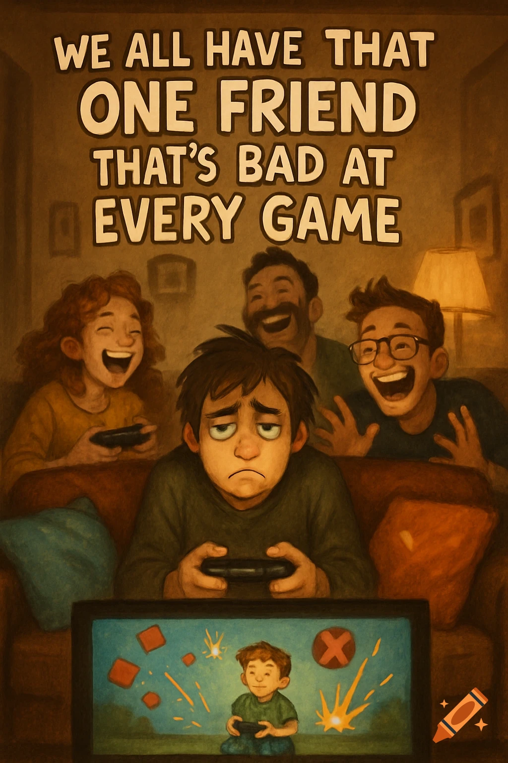 Cartoon illustration of four friends playing video games, with three laughing at the one frustrated friend. Text reads: WE ALL HAVE THAT ONE FRIEND THAT'S BAD AT EVERY GAME.