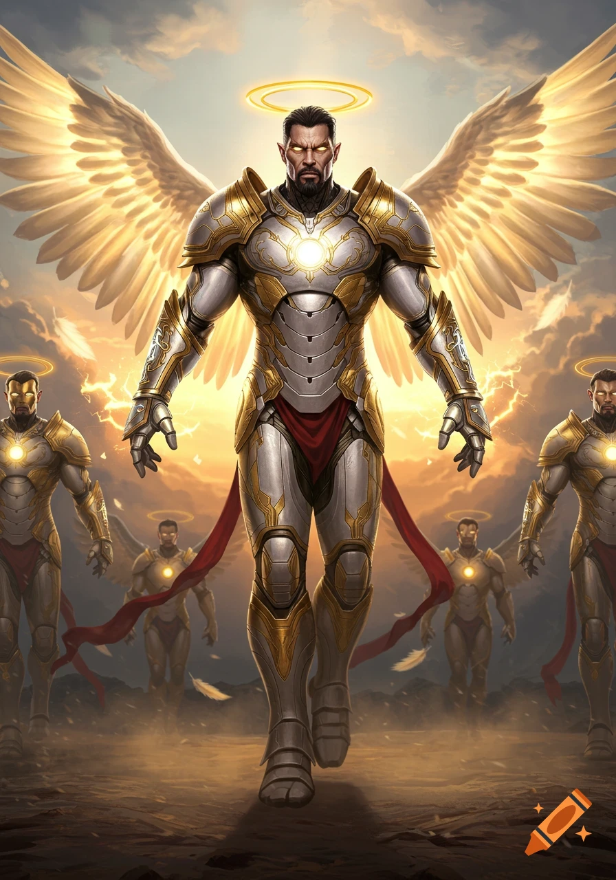 A powerful armored angel with golden wings and a halo, resembling Iron Man, walks forward, leading other similar figures in a dramatic landscape.