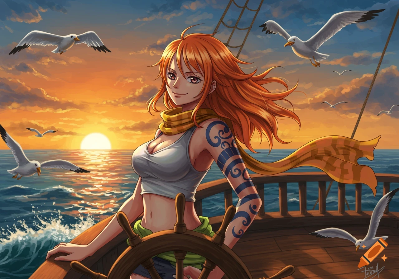 Anime woman with orange hair and a patterned arm tattoo, steering a ship at sunset with seagulls flying.