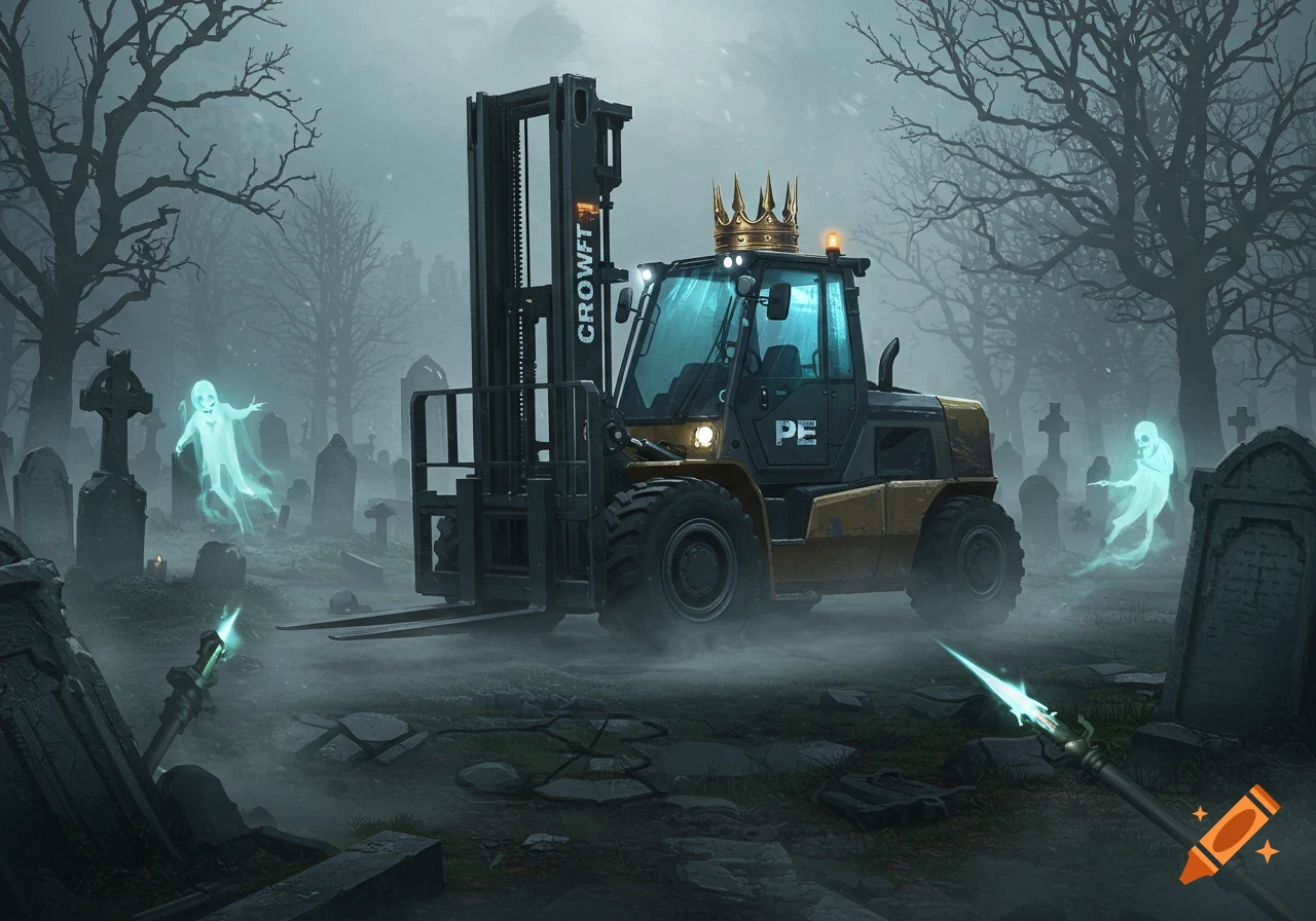 A majestic yellow and black forklift with a golden crown on its roof sits in a misty, eerie graveyard, surrounded by tombstones, bare trees, and glowing, stylized ghosts. A spear-like object with a glowing tip lies in the foreground.