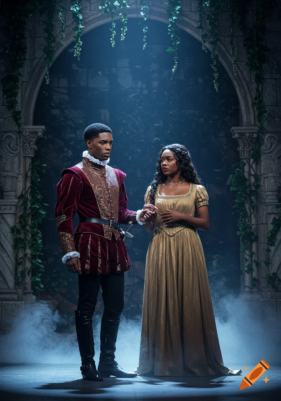 A man in a red velvet costume and a woman in a gold gown hold hands on a misty, gothic-arched stage.