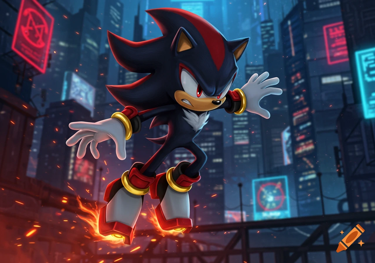 Shadow the Hedgehog leaps through a futuristic city at night, leaving a fiery red trail, with an intense expression.
