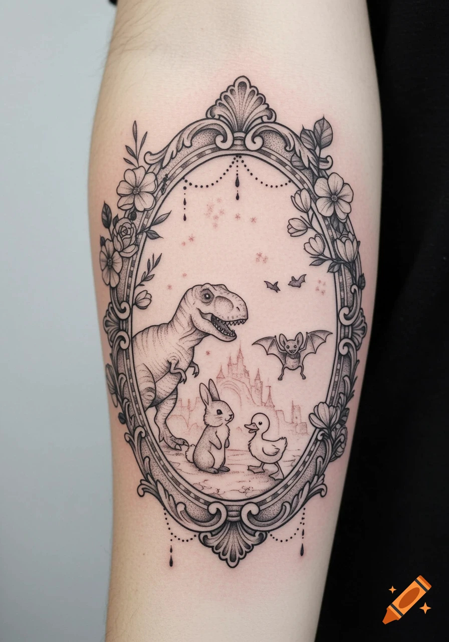 Black and grey tattoo of a T-Rex, bunny, duckling, and bat inside an ornate floral frame on an arm.