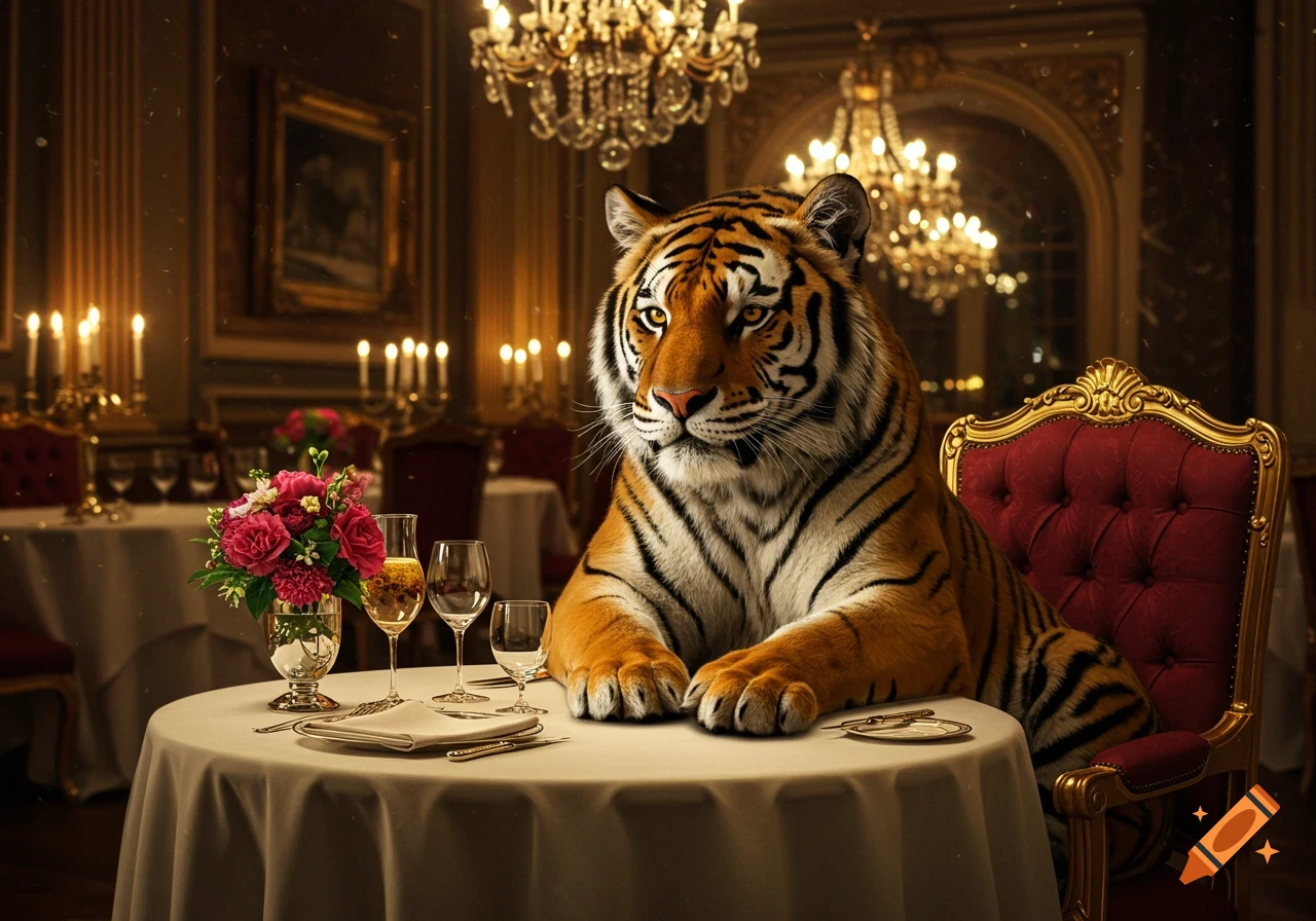 A photorealistic tiger sits formally at a dining table set with flowers and wine glasses in a luxurious, dimly lit restaurant.