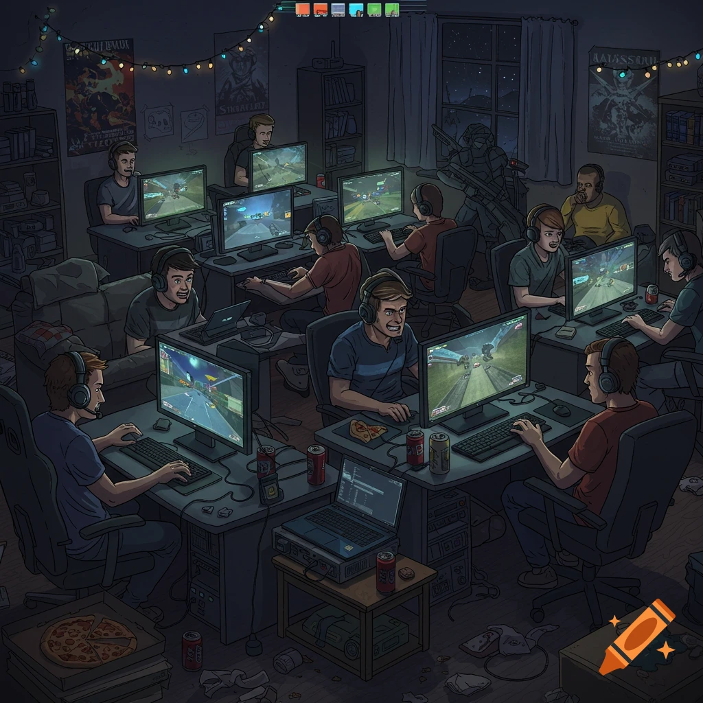 A large group of guys playing video games at a LAN party in a dimly lit room, cartoon style.
