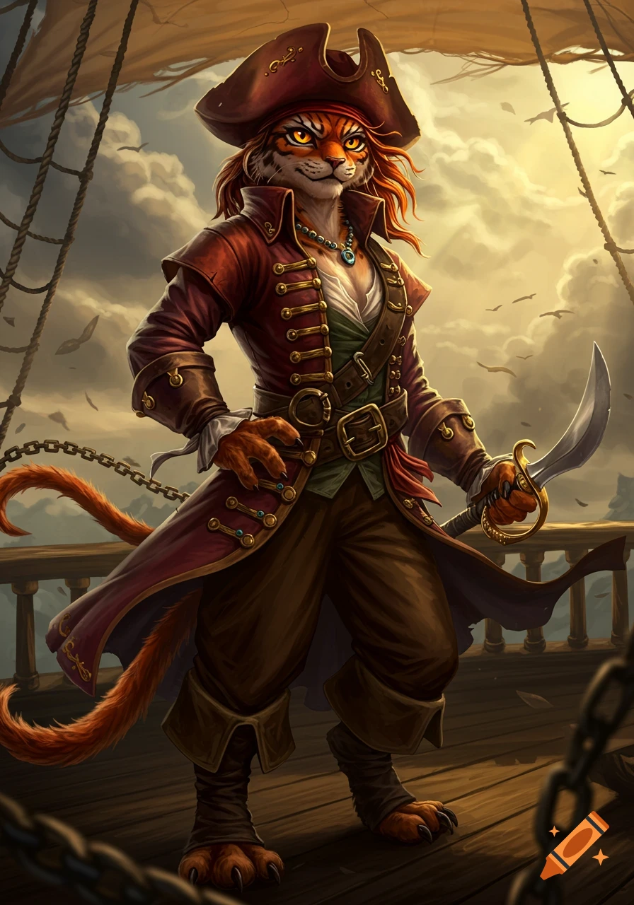 A female cat person pirate captain stands on a ship deck, holding a cutlass, under a cloudy sky in a fantasy art style.