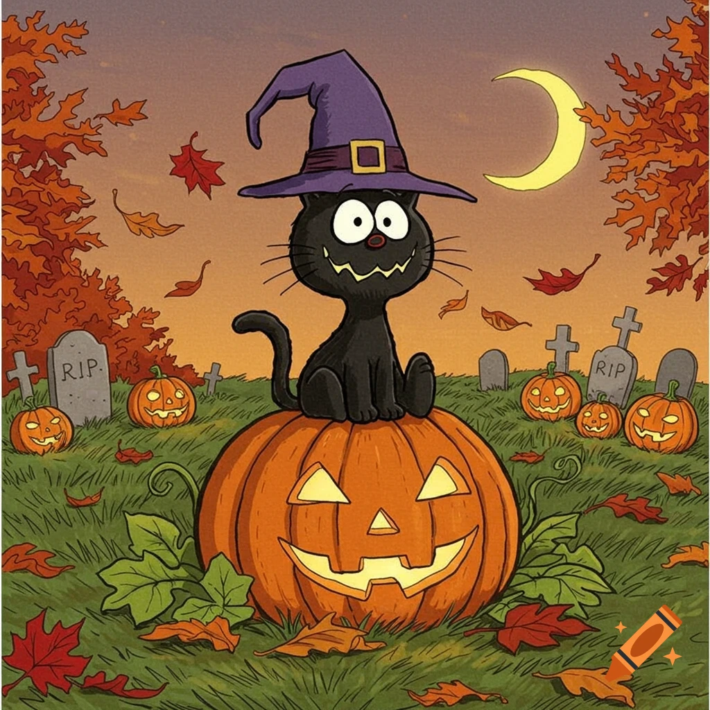 A cartoon black cat wearing a purple witch hat sits on a carved jack-o'-lantern in a Halloween graveyard with autumn leaves and a crescent moon.