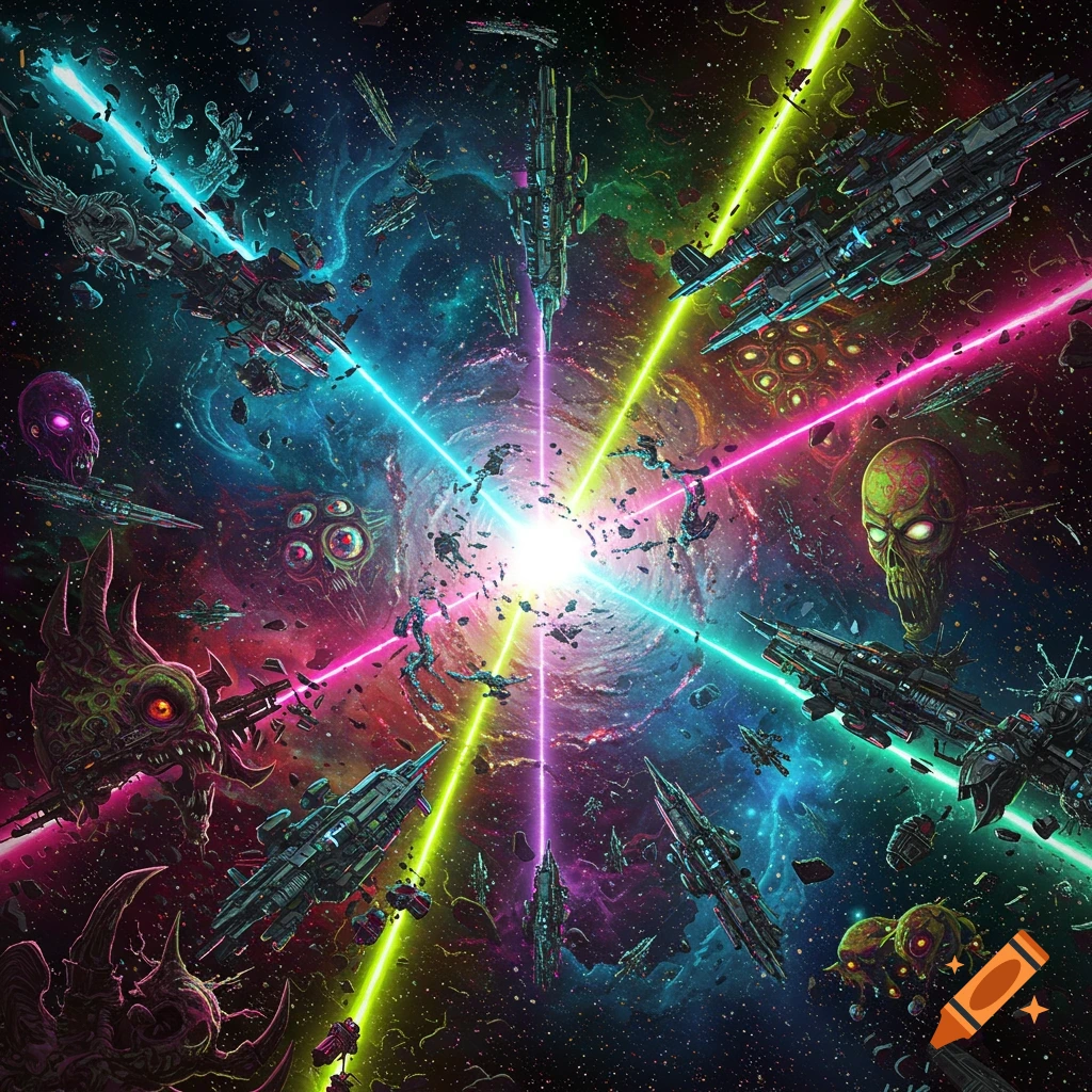 A vibrant, trippy space battle in a colorful galaxy, featuring grotesque alien creatures, sleek spaceships, and intersecting laser beams.