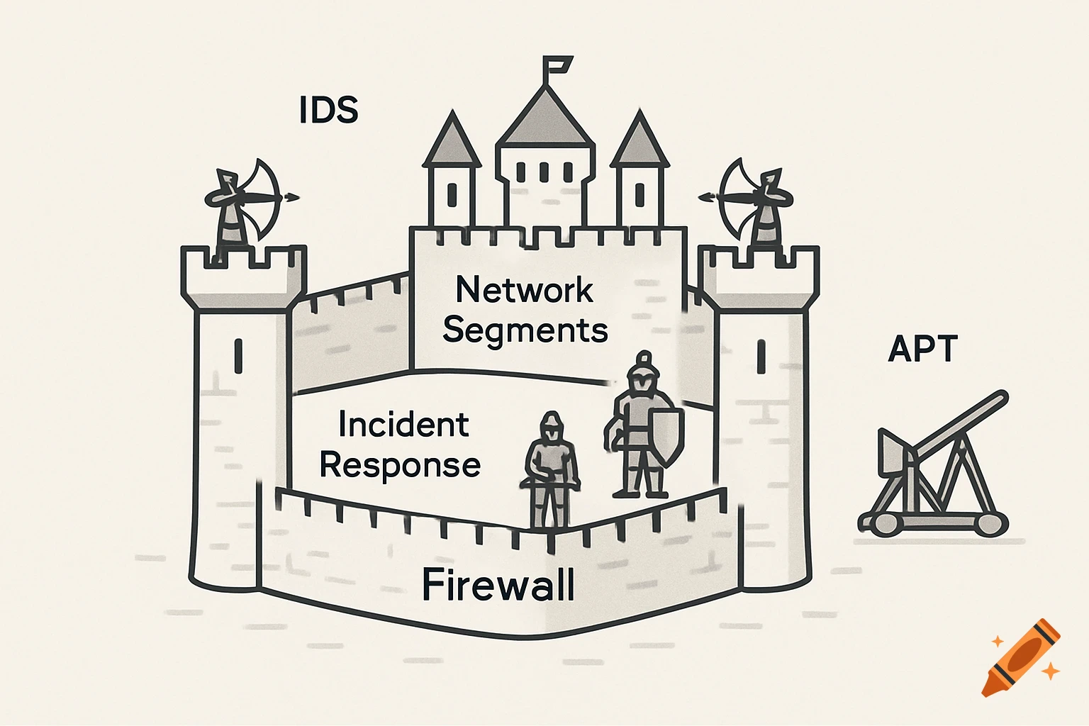 A simple diagram of a medieval castle representing network security, with labels for firewall, network segments, IDS, incident response, and APT.