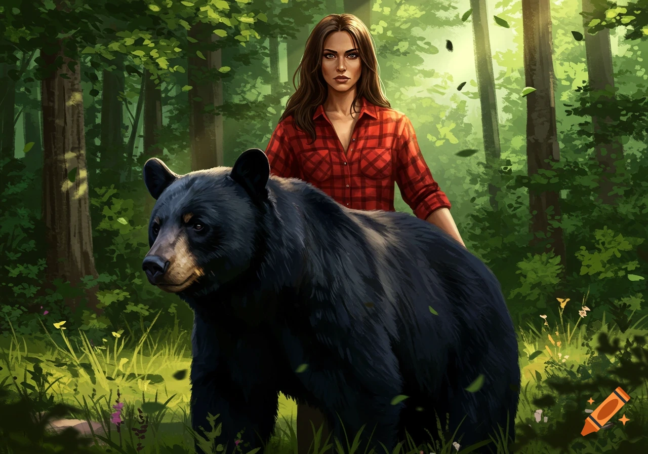 A woman in a red plaid shirt stands behind a black bear in a lush green forest, digital painting.