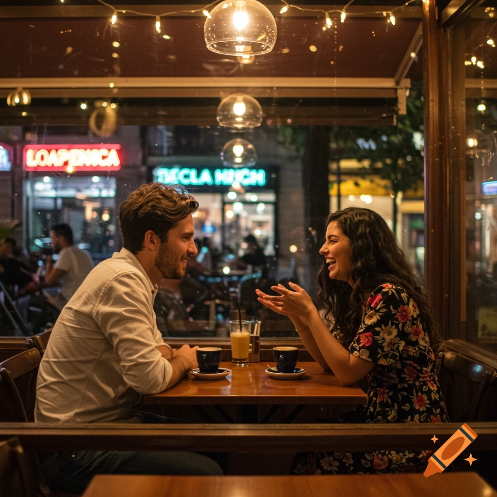 A man and a woman laughing and talking over coffee at a cafe table at night, with neon signs blurred in the background.