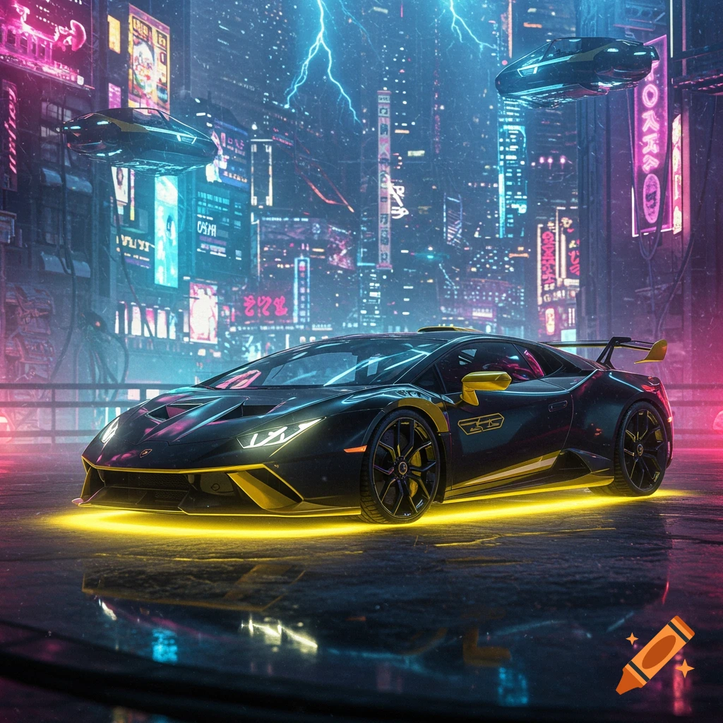 A black and yellow Lamborghini Huracan STO with glowing yellow underglow in a vibrant, neon-lit cyberpunk city with flying vehicles.