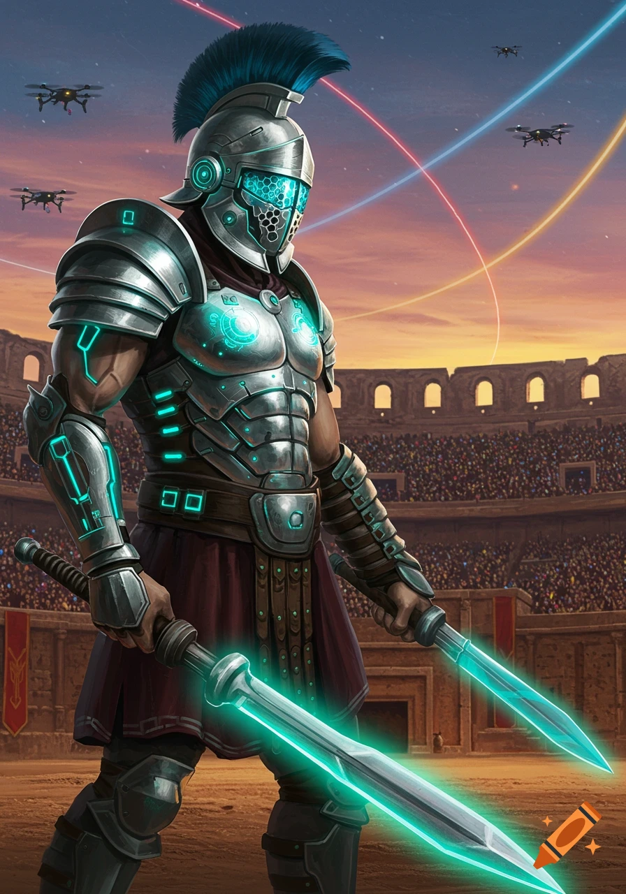 A futuristic gladiator in gleaming armor and a spiked helmet holds two glowing swords in an ancient arena with flying drones.
