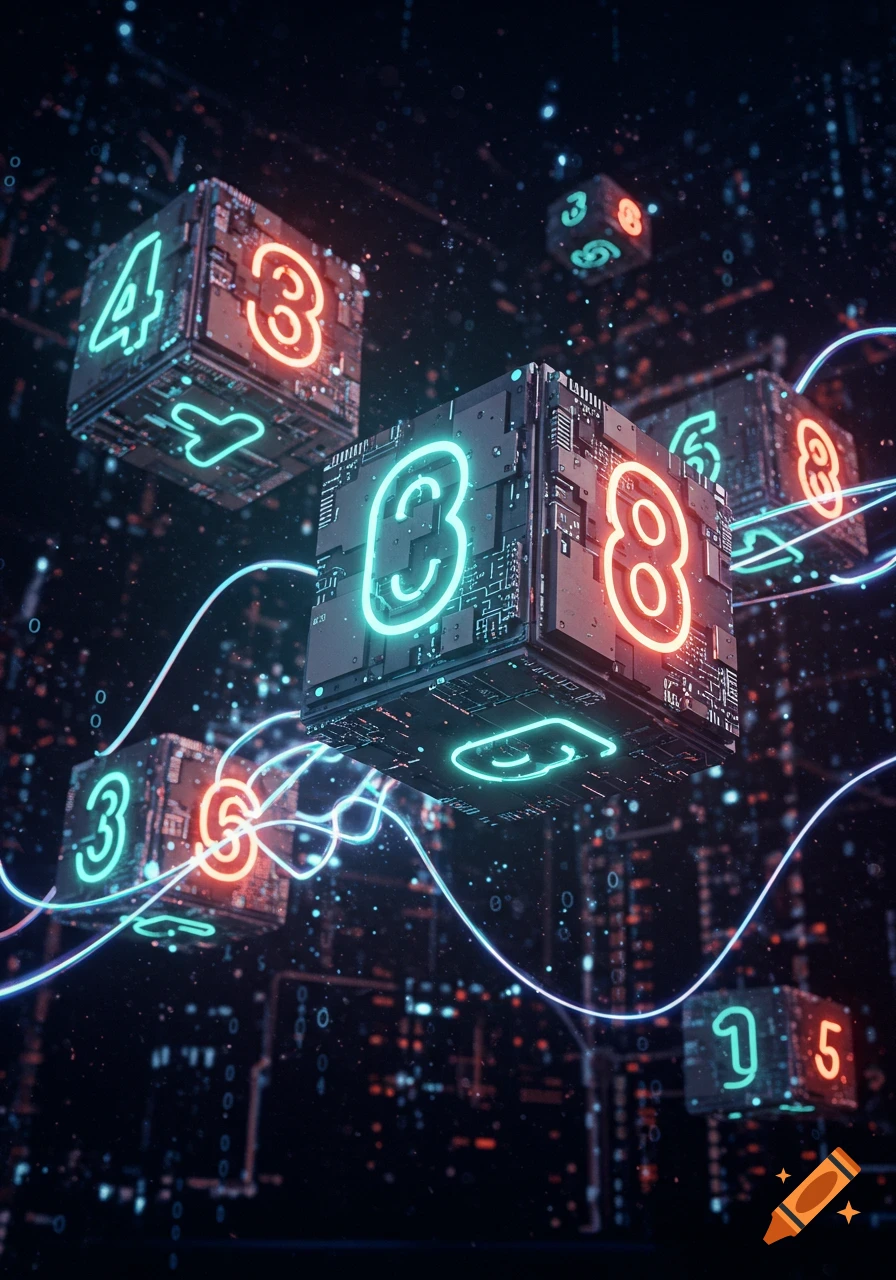 Glowing neon numbers on circuit board cubes float in a dark, star-like digital space, connected by blue light trails. Futuristic digital art.
