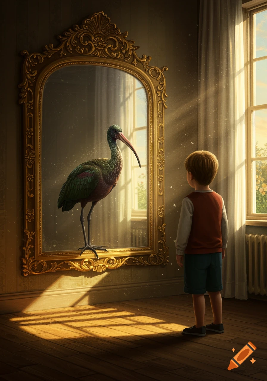 A young boy looks into an ornate mirror, seeing an ibis as his reflection in a sunlit room.