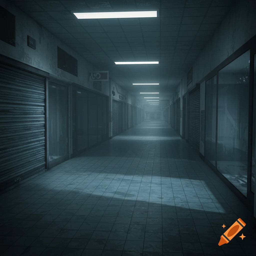 A dimly lit, empty corridor lined with closed shop fronts and reflective floors, extending into the distance.
