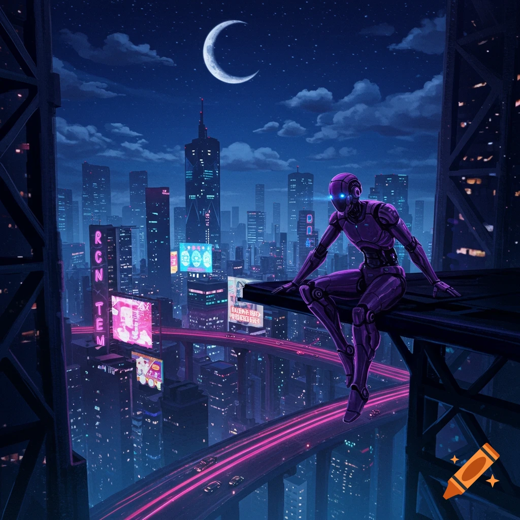 A purple robot sits on a high ledge overlooking a vibrant, neon-lit cyberpunk city at night under a crescent moon.
