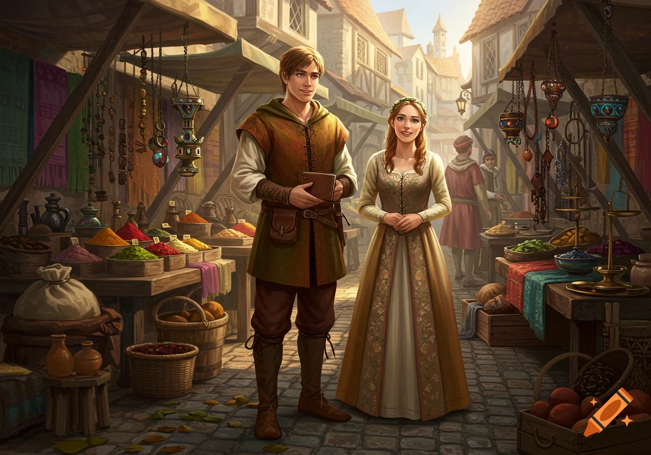 A young medieval merchant holding a book and his wife stand smiling in a bustling, sunlit market street filled with stalls of colorful goods.