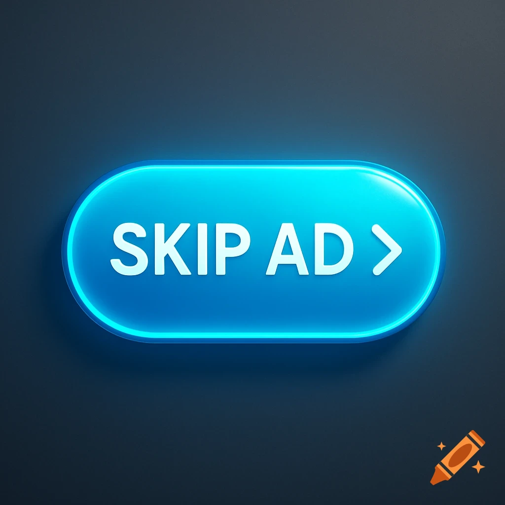 A glossy blue oval button with a glowing outline displays the white text "SKIP AD >" on a dark background.