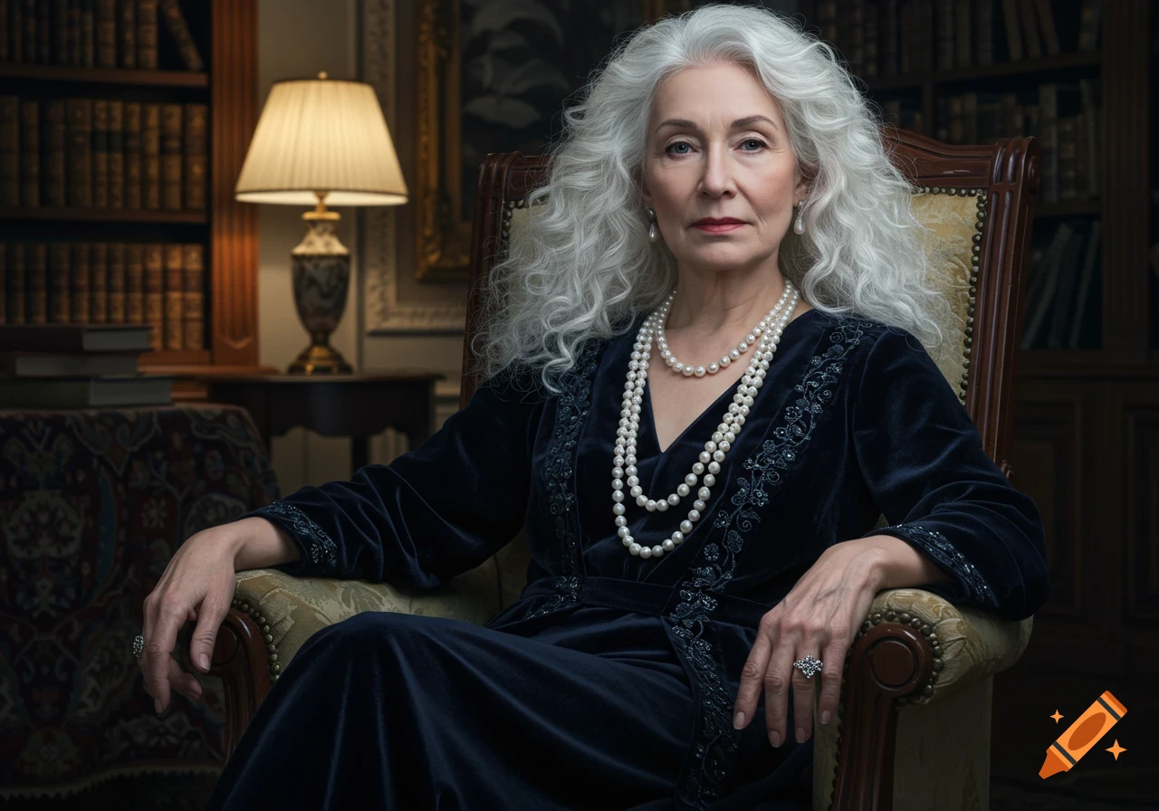 Elegant mature woman with white curly hair, dark velvet gown, and pearls, seated in a library.