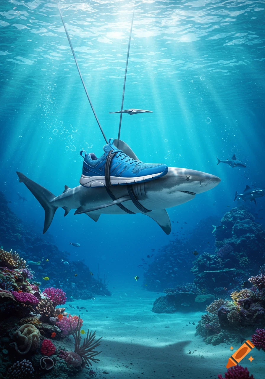 A photorealistic image of a shark swimming underwater, with a blue running shoe strapped to its back above coral reefs.
