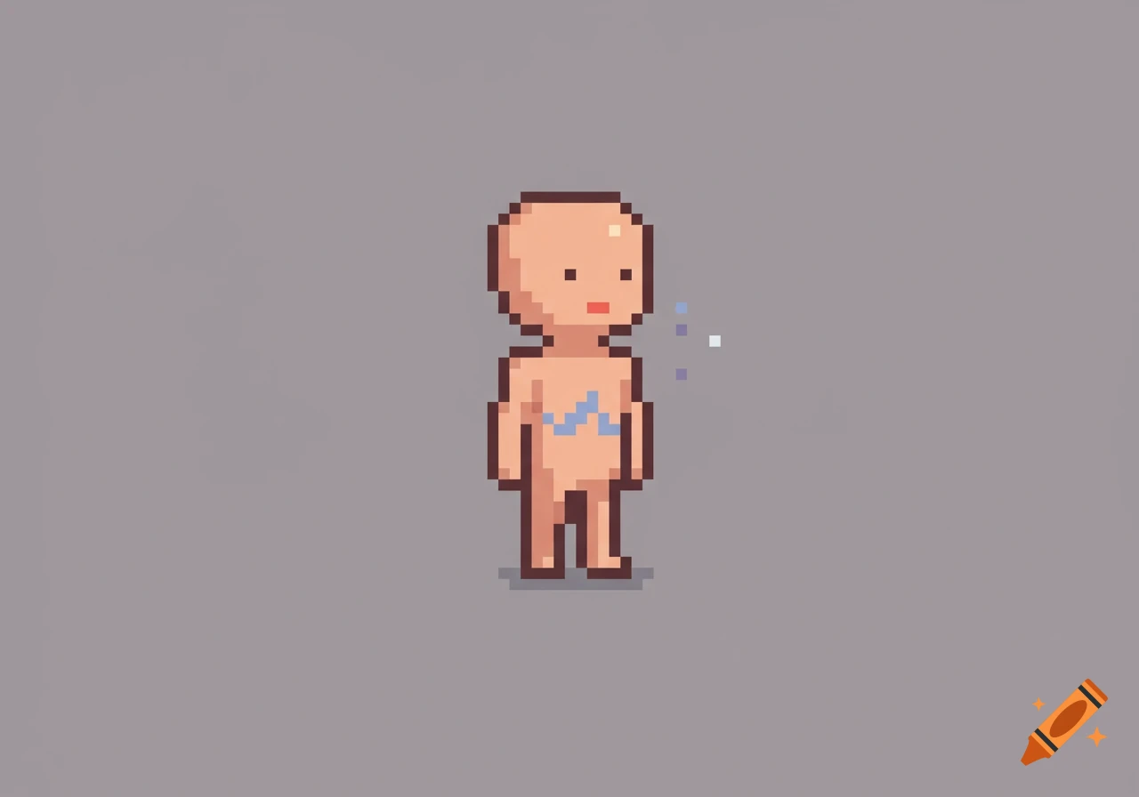 Simple pixel art game character with peach skin, blue chest pattern, and floating blue pixels, on a gray background.