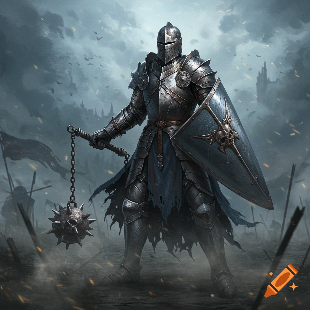 A knight in dark, weathered armor stands on a war-torn battlefield, holding a spiked flail and shield.