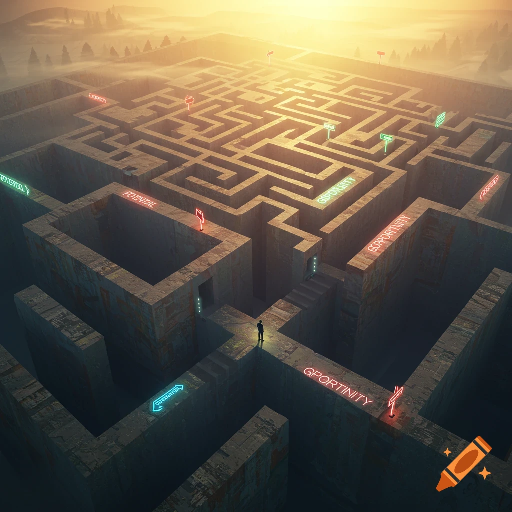 An aerial view of a person standing in a large, misty concrete maze with glowing neon signs on the walls, bathed in warm, orange light.