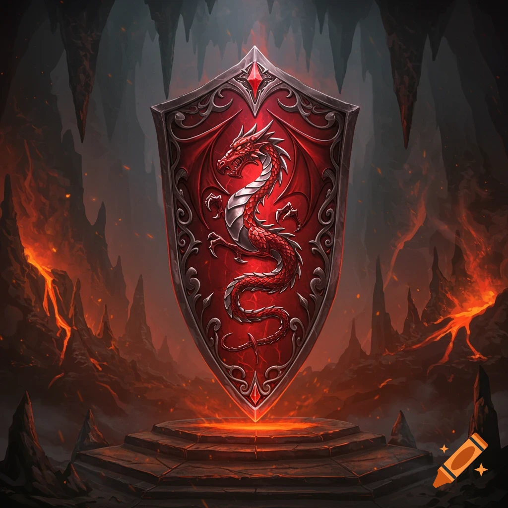 A decorative red shield with a silver and red dragon emblem, glowing on a stone pedestal in a dark, fiery cave setting.