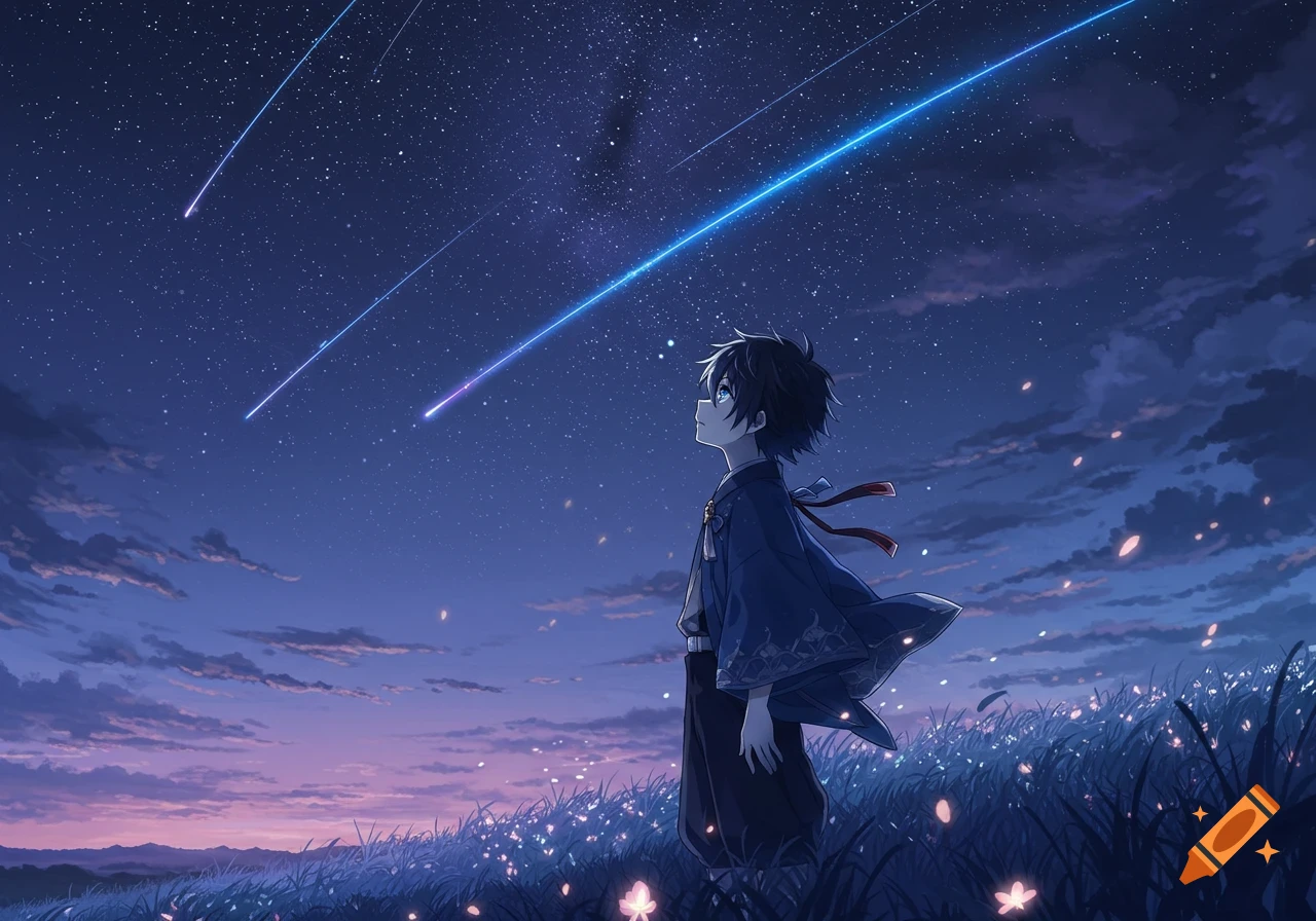 An anime boy stands in a field of glowing flowers, looking up at a starry night sky with shooting stars.