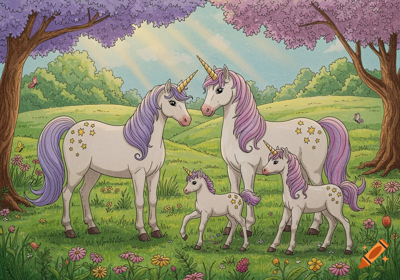 A cute coloring book illustration of a unicorn family with two adults and two foals in a sunny meadow with purple trees and flowers.
