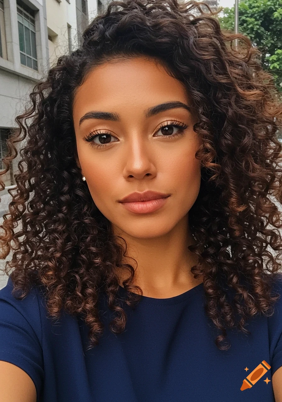 Close-up selfie portrait of a beautiful Hispanic woman with curly dark hair, looking directly at the viewer.