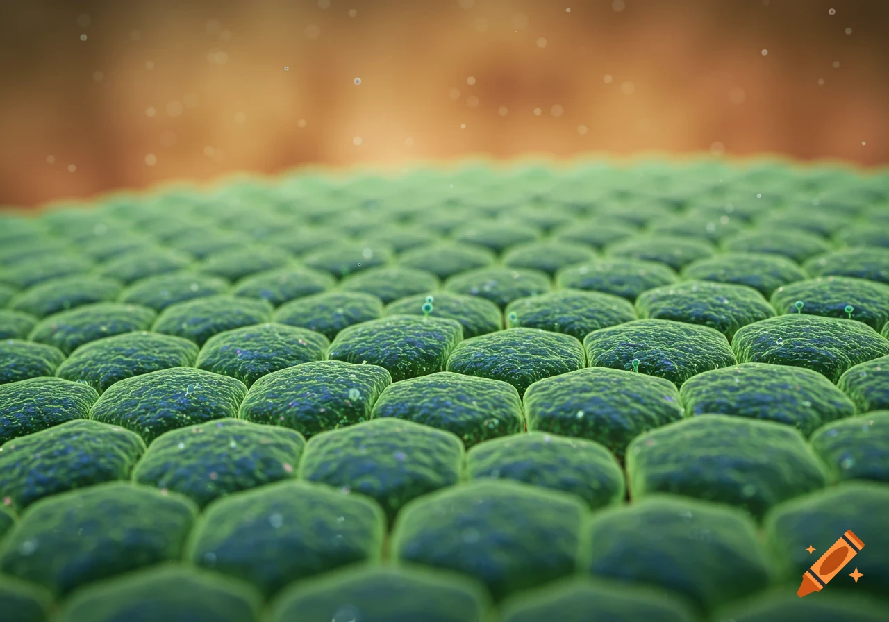 Microscopic close-up of green epithelial cells with a textured surface, against a blurred brown background.