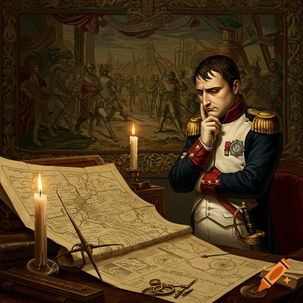 A pensive Napoleon Bonaparte, in military uniform, leans over maps on a candlelit desk in a painting style. A tapestry depicting soldiers hangs behind him.