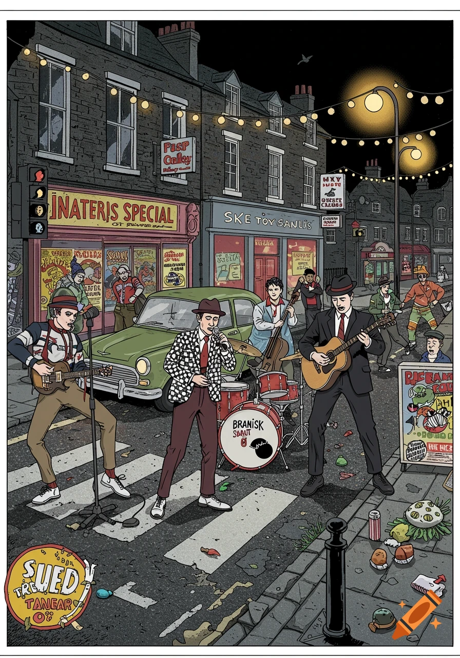A cartoon illustration of a band playing ska music on a city street at night, with a singer, guitarist, bassist, and drummer in front of shops.