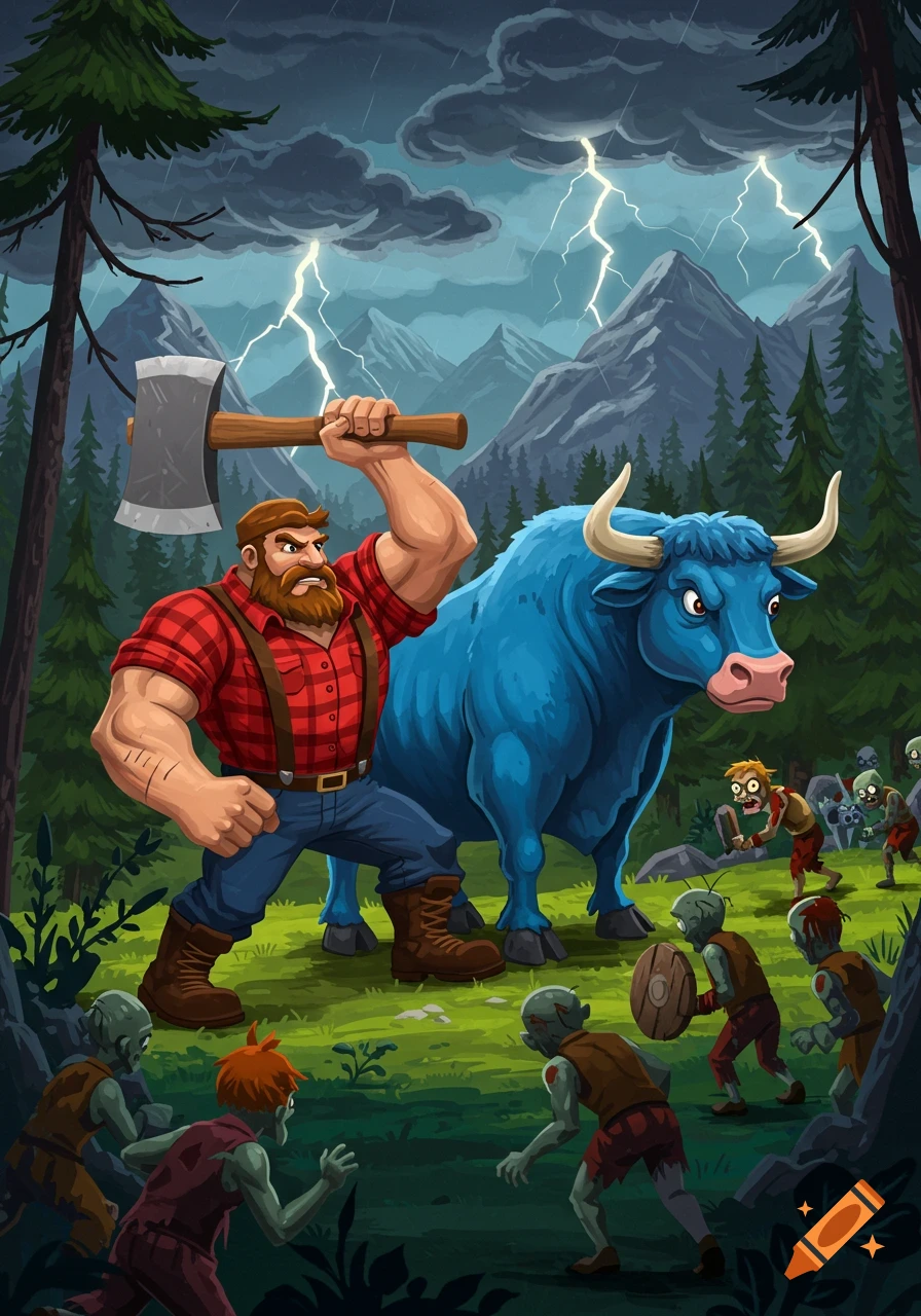 Cartoon lumberjack with an axe and a blue ox battle a horde of zombies in a forest during a lightning storm, mountains in the background.