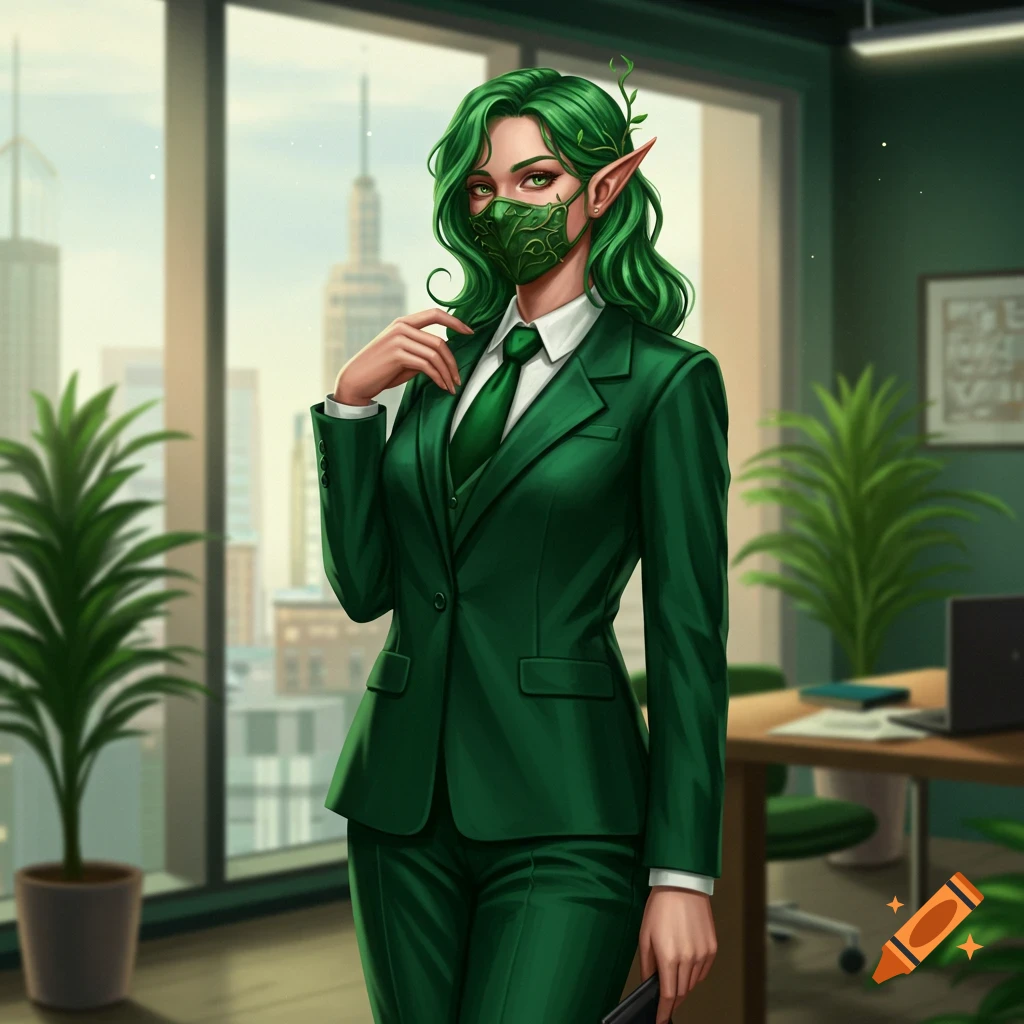 A female elf with green hair and a leaf mask wears a green business suit in a modern office with city views.
