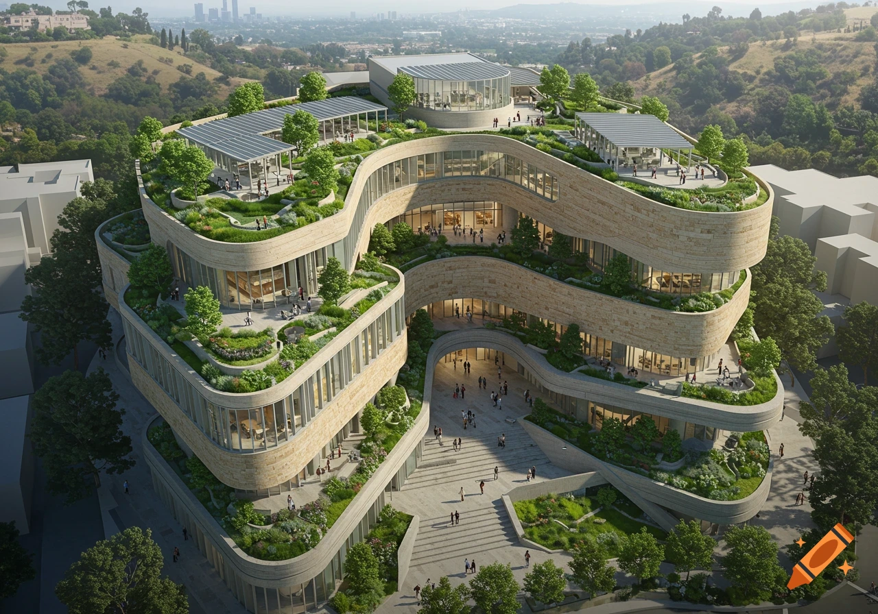 Aerial view of a modern, organic multi-tiered building with green roof gardens and terraces, surrounded by hills in an urban setting.