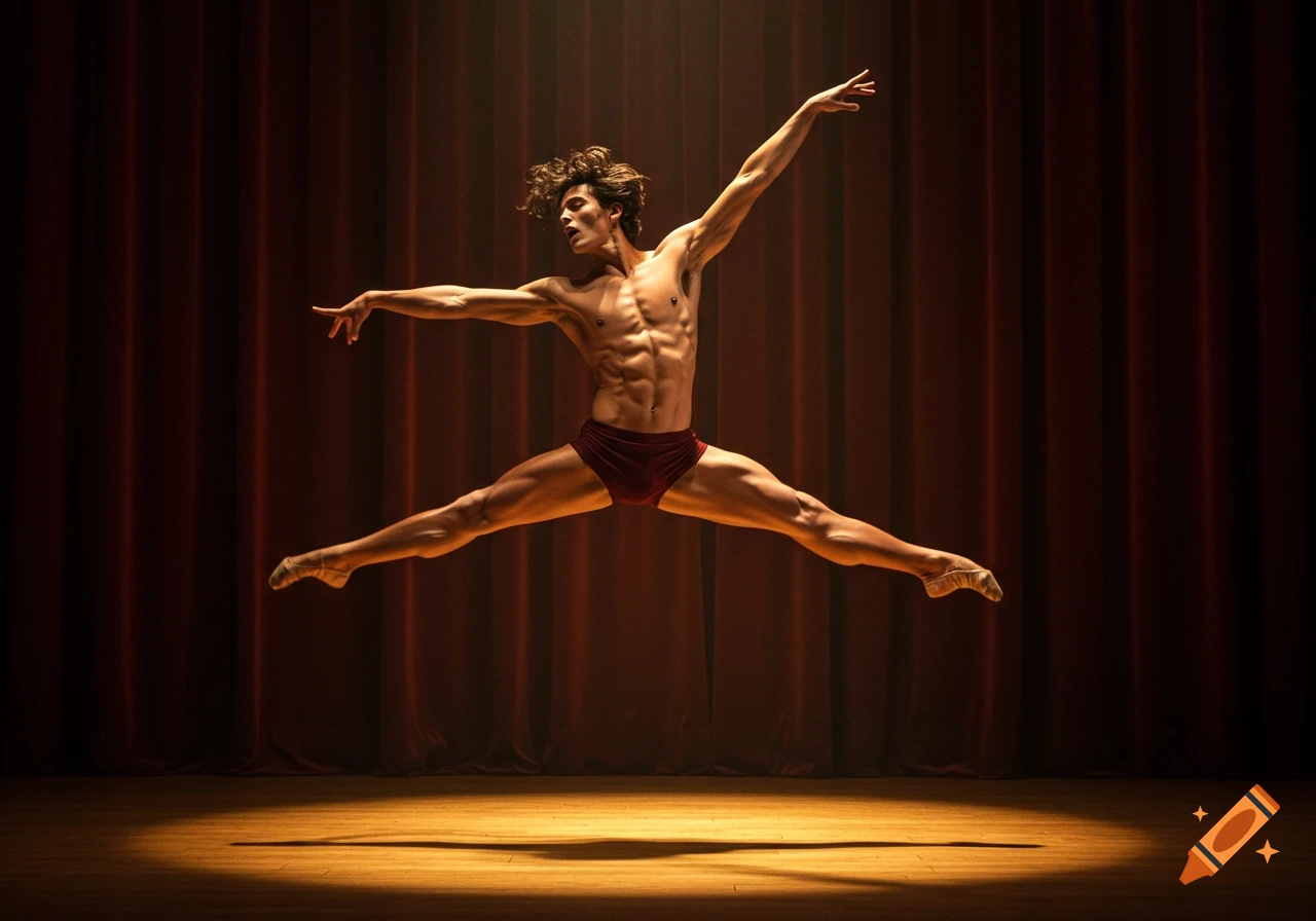 A male ballet dancer in a red leotard leaps across a spotlighted stage with a red curtain backdrop.