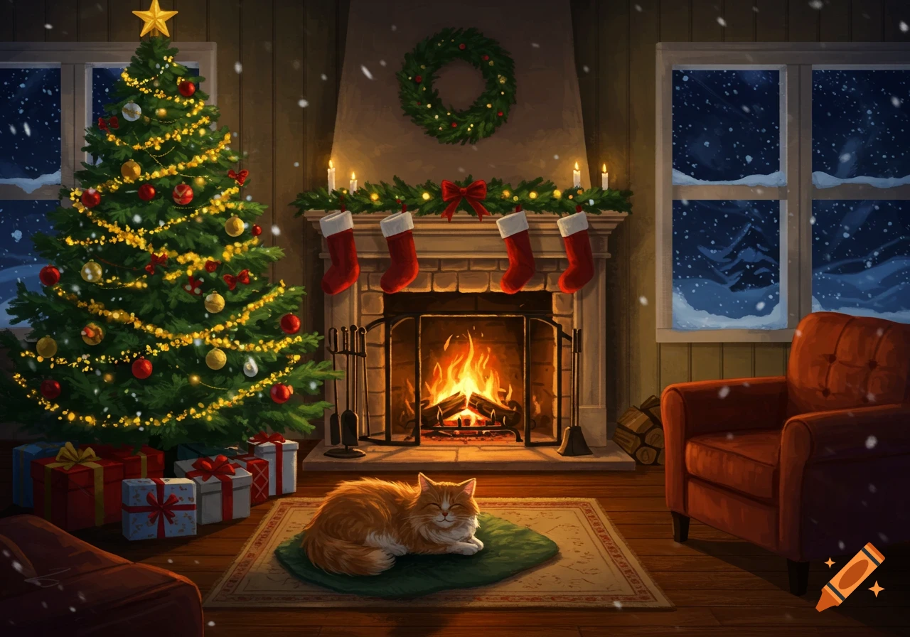 A cozy Christmas scene with a decorated tree, a lit fireplace, and a fluffy orange cat sleeping on a rug. Snow falls outside windows.