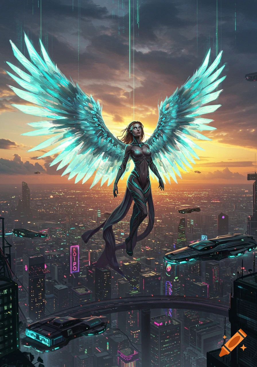 A winged woman in a futuristic suit floats above a cyberpunk city at sunset, with flying vehicles.